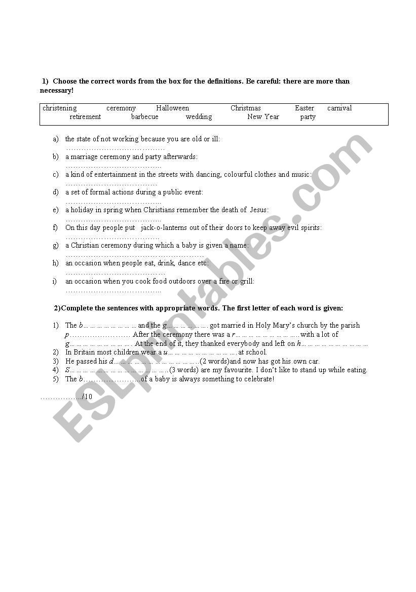 celebrations worksheet