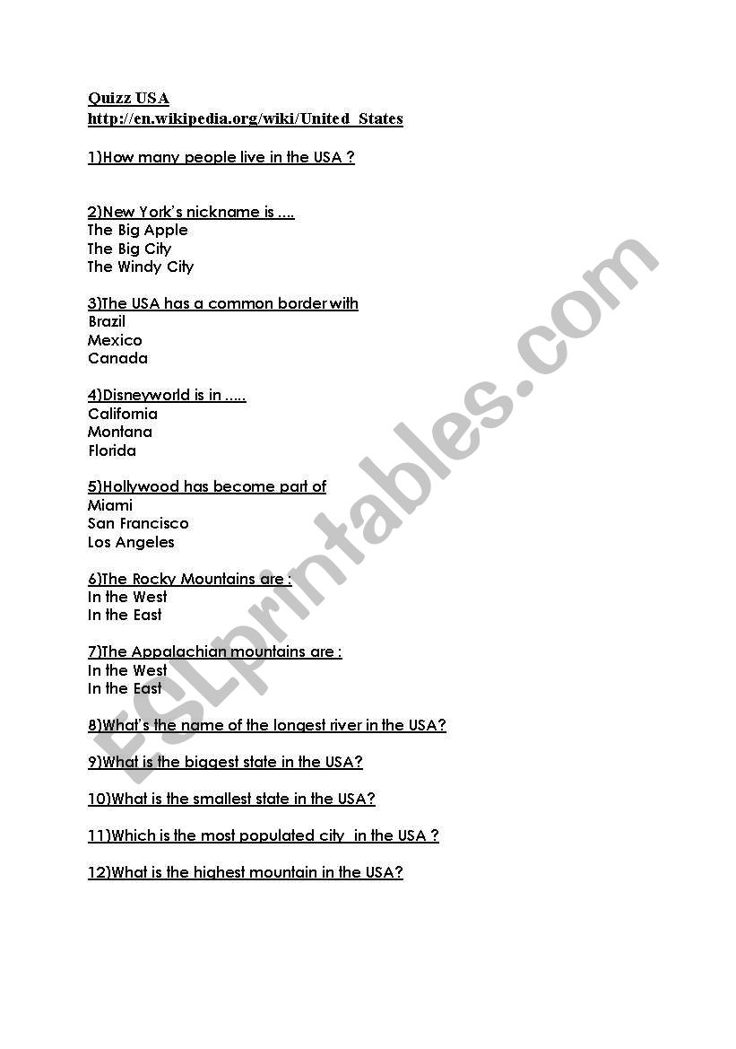 USA QUIZZ worksheet