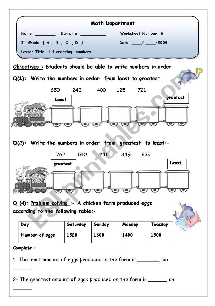 ordering numbers worksheet