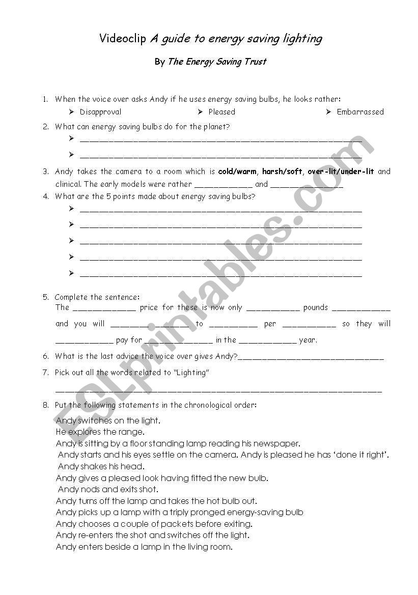 energy saving LIGHTING worksheet