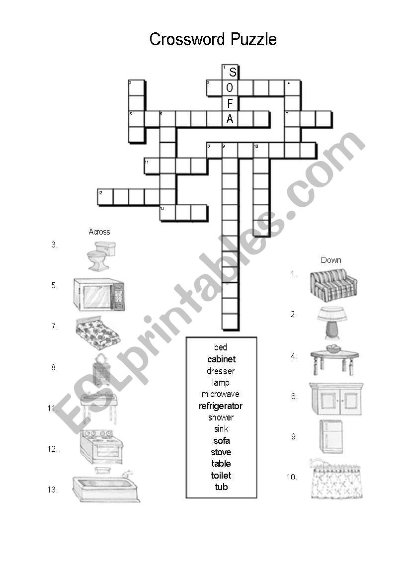 Furniture crossword worksheet
