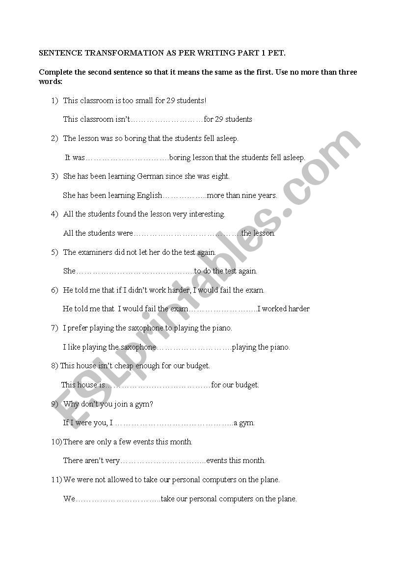 sentence transformation worksheet