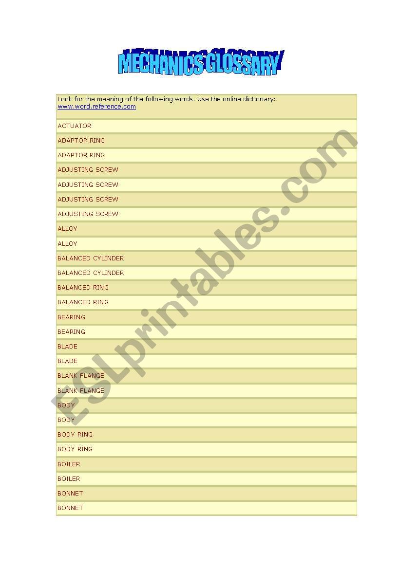 MECHANICS GLOSSARY worksheet