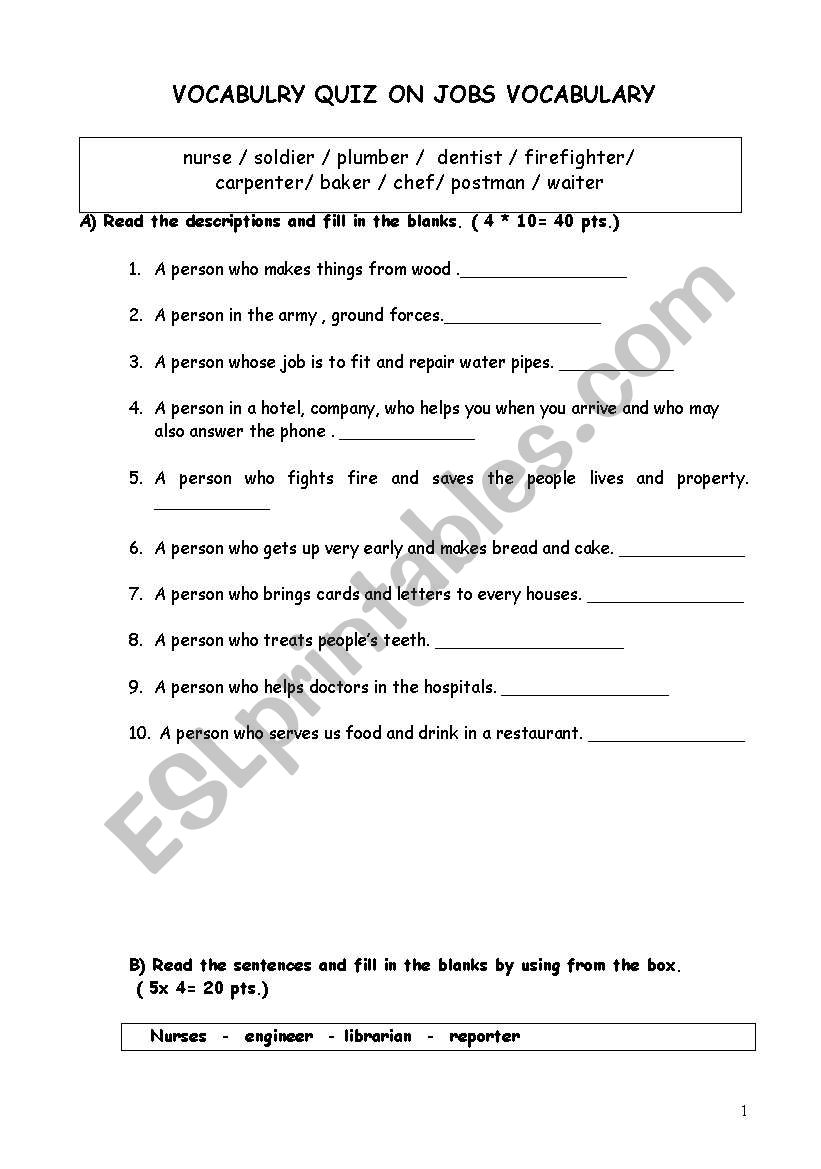 Quiz / Jobs worksheet