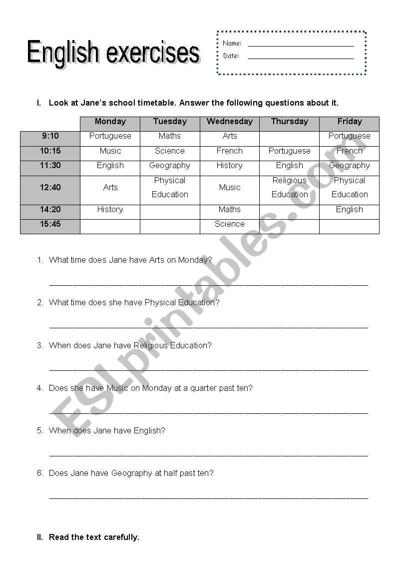 School Subjects worksheet