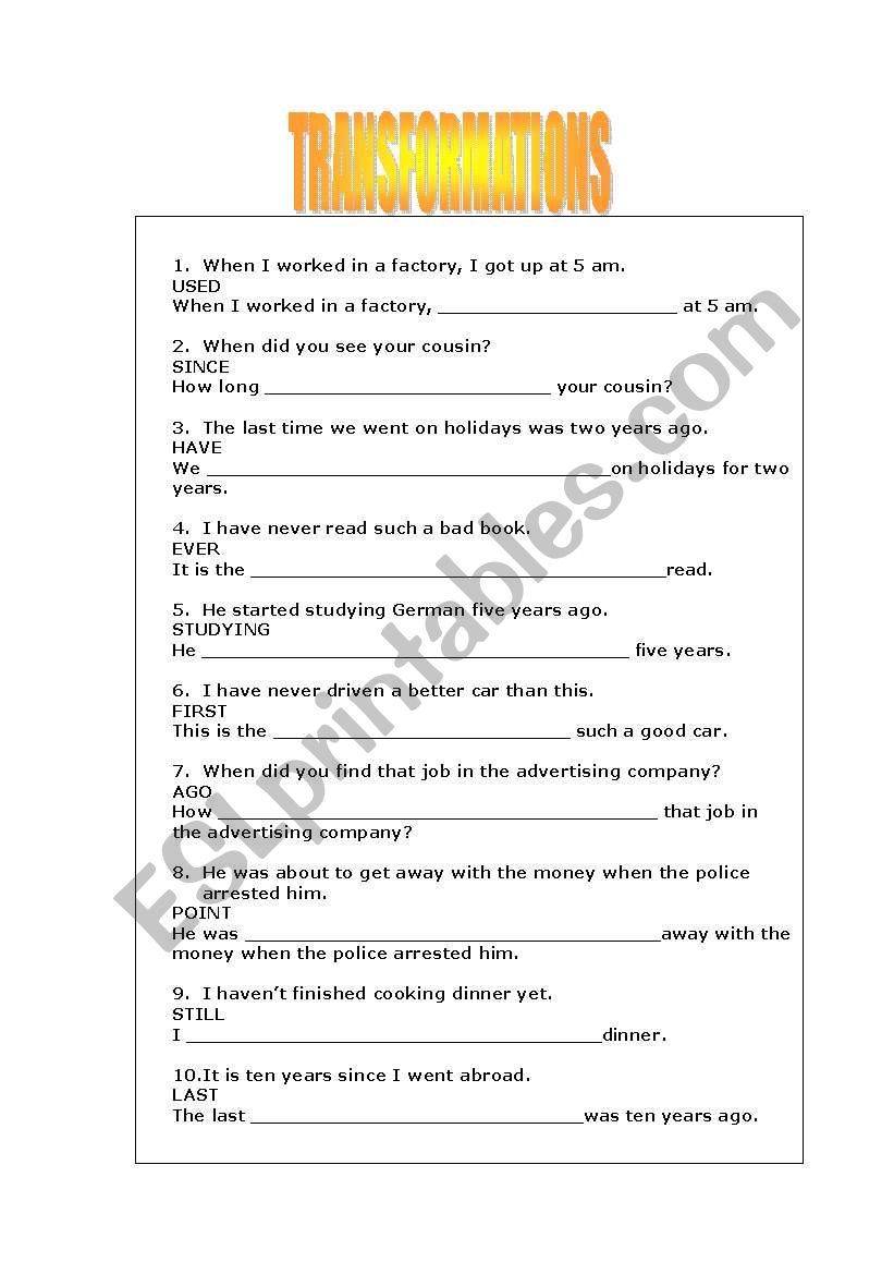 TRANSFORMATIONS worksheet