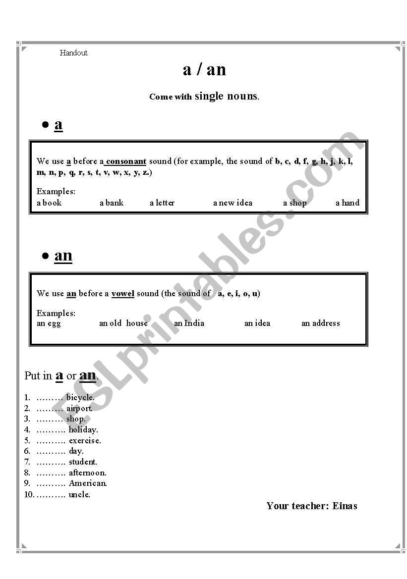 a .an worksheet and rules worksheet