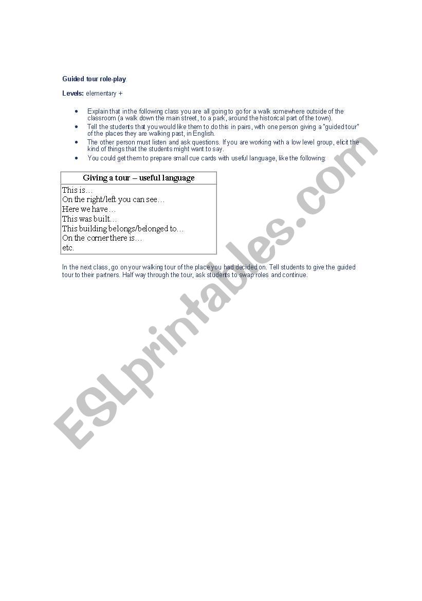 Guided tour role-play worksheet