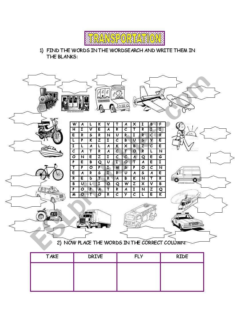 TRANSPORTATION WORDSEARCH worksheet