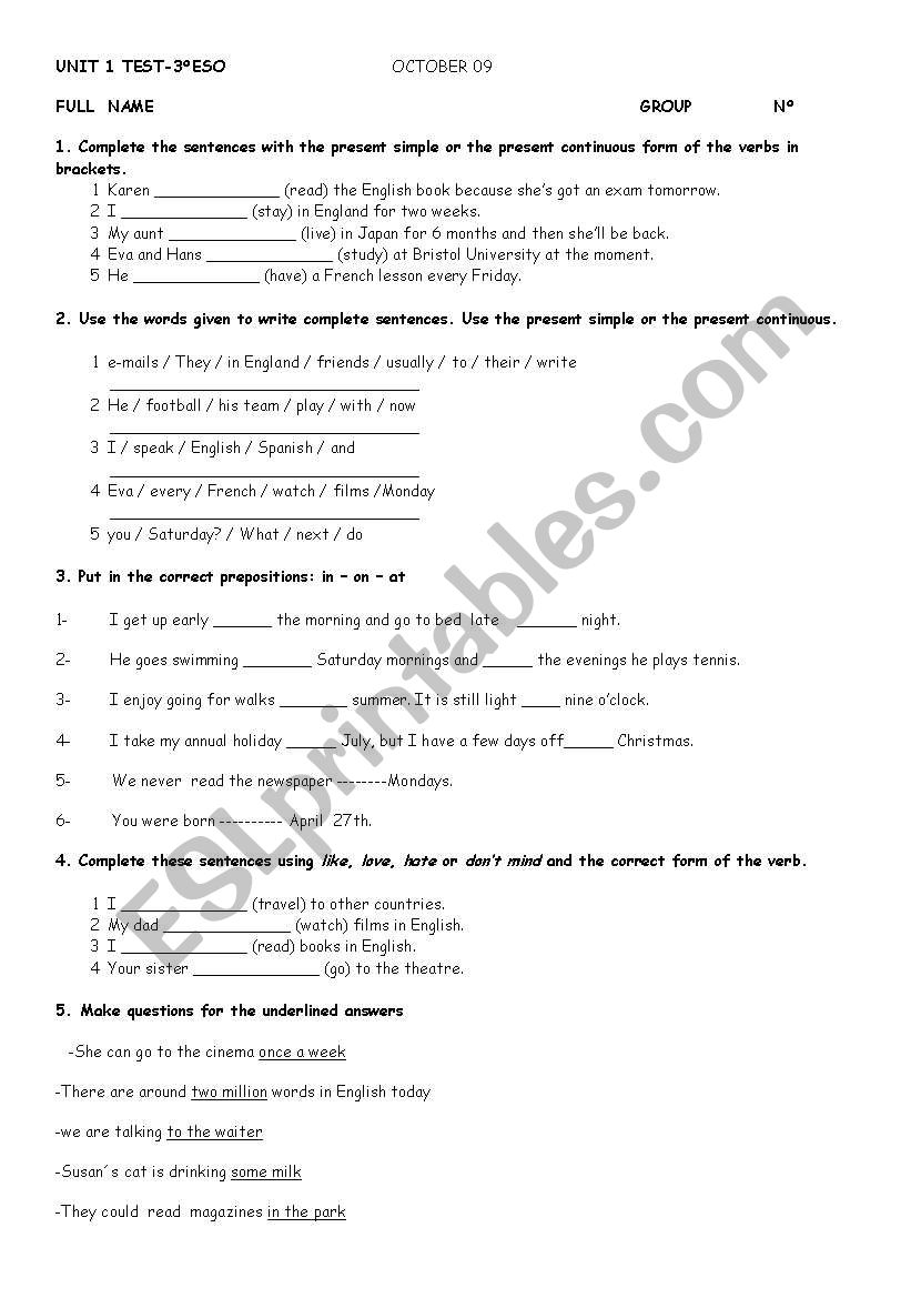 Basic test worksheet