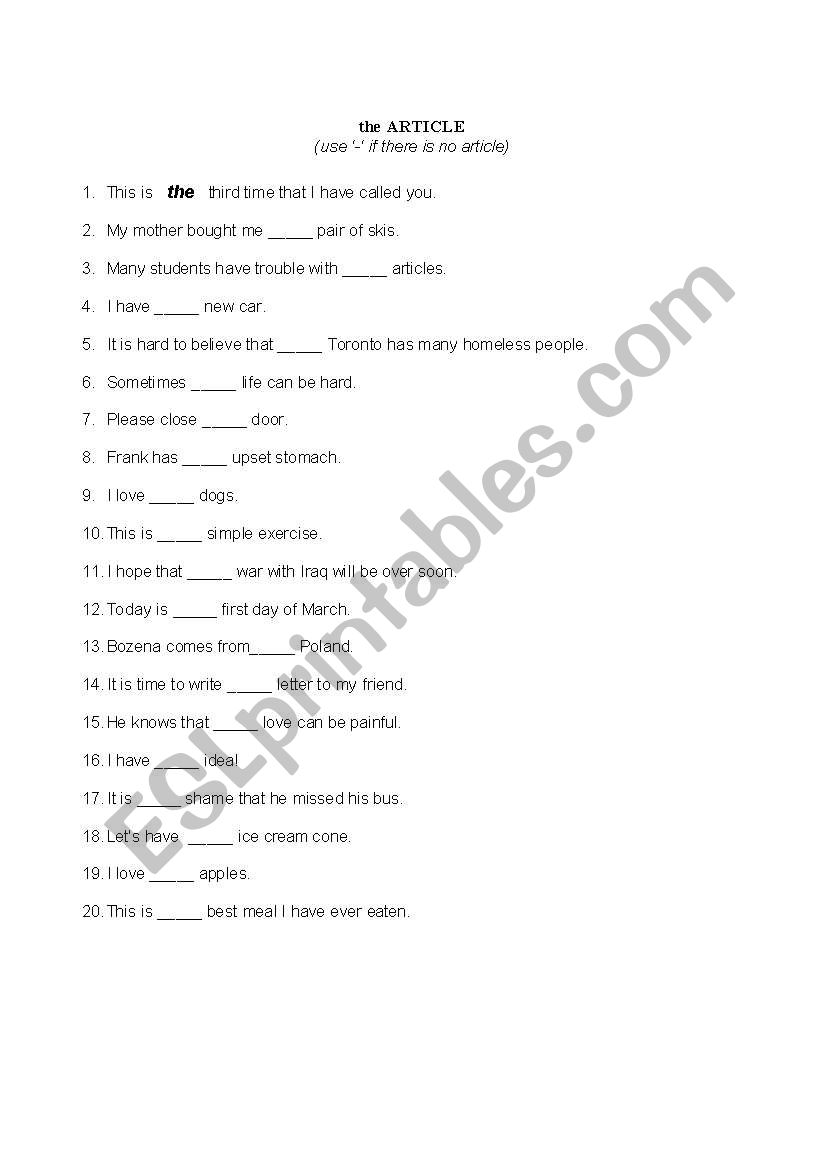 Articles Cloze worksheet