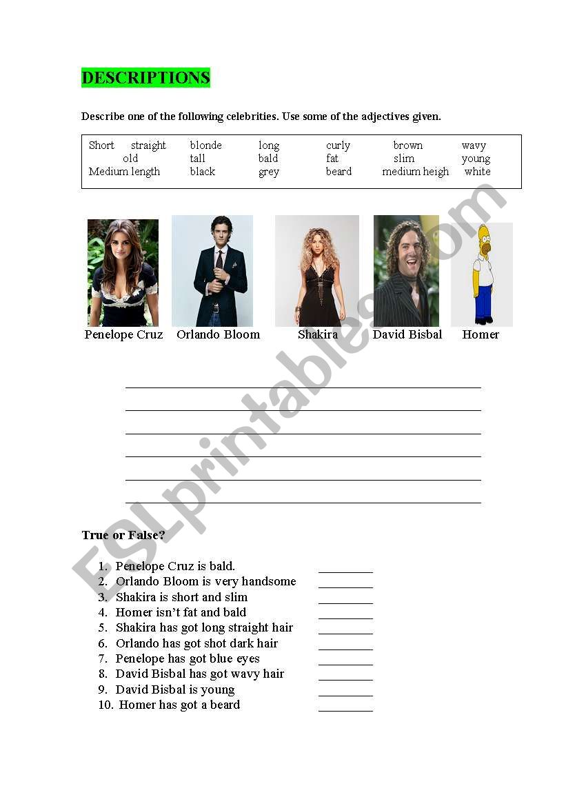 PHYSICAL DESCRIPTIONS worksheet