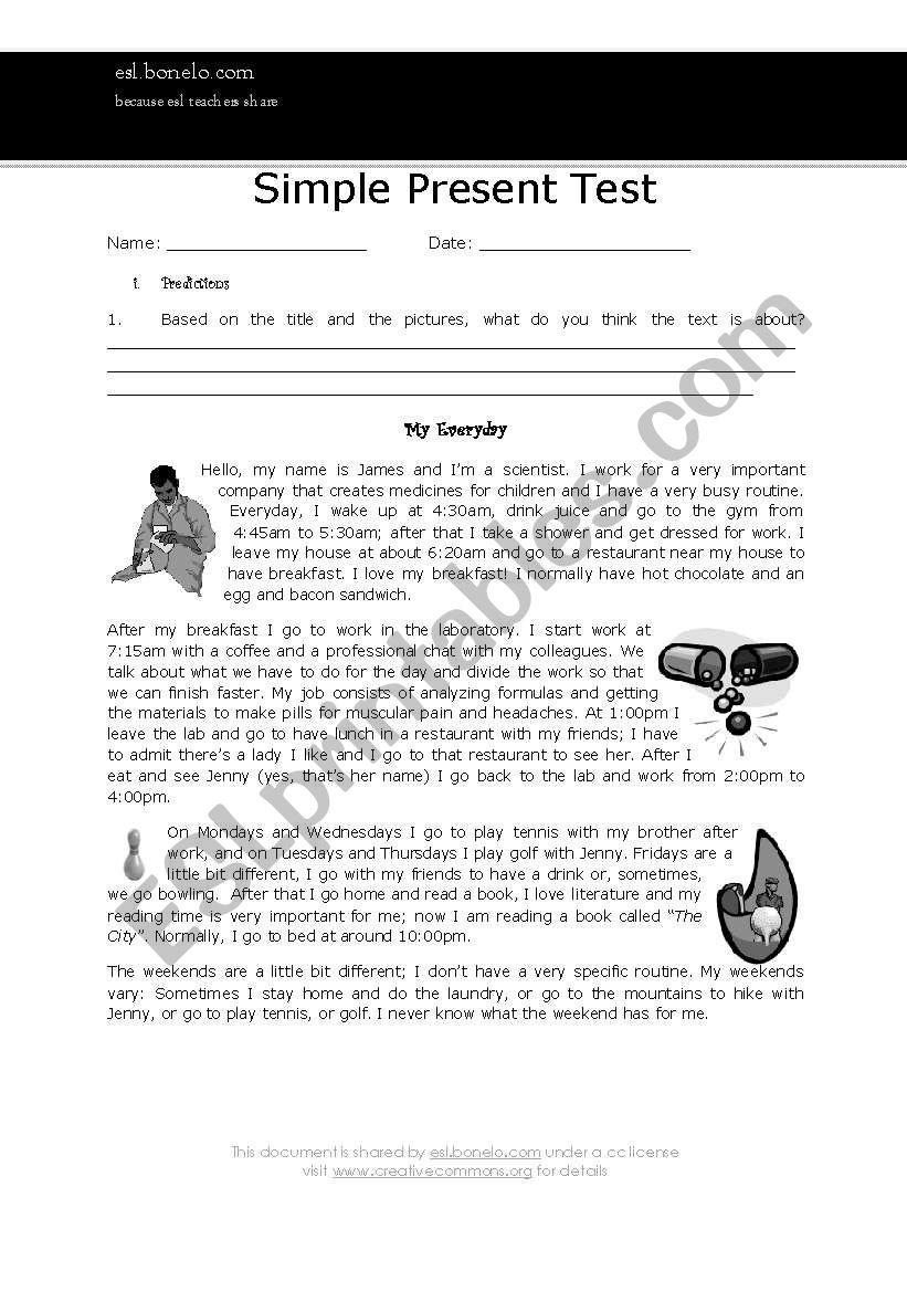 Simple present test worksheet