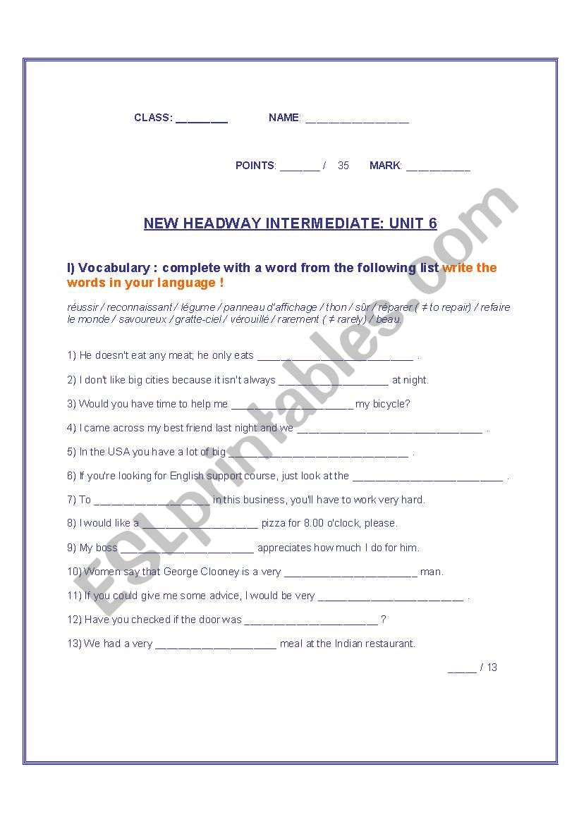 New New Headway Intermediate Unit 6 TEST ( verb patterns) 3 pages