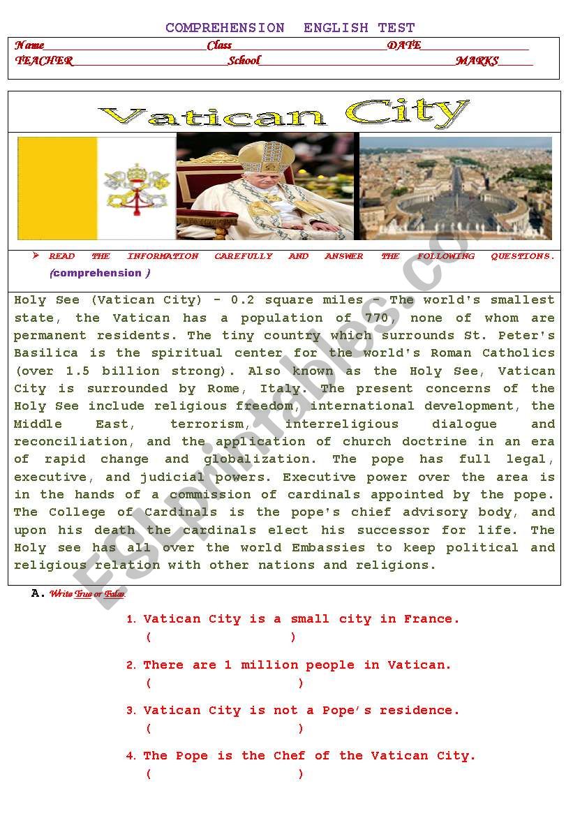 COMPREHENSION  ENGLISH TEST on Vatican CITY