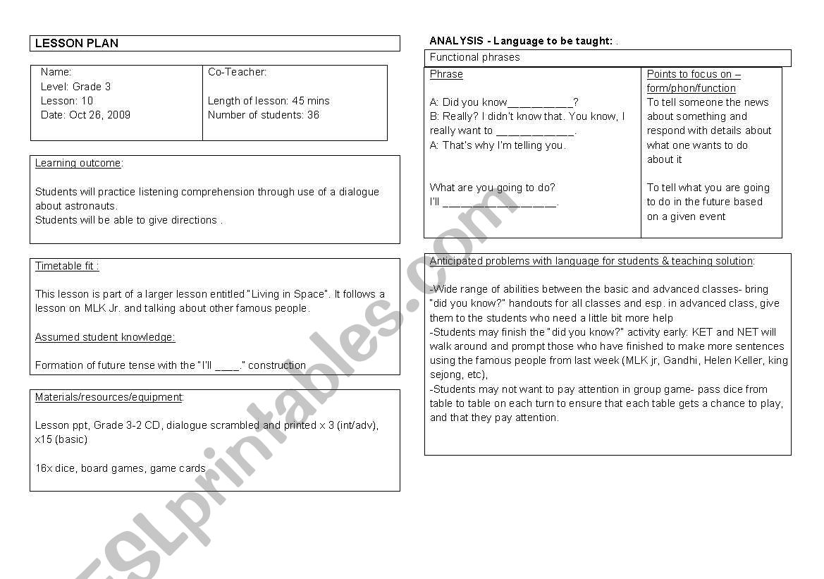 Living in Space Lesson Plan worksheet