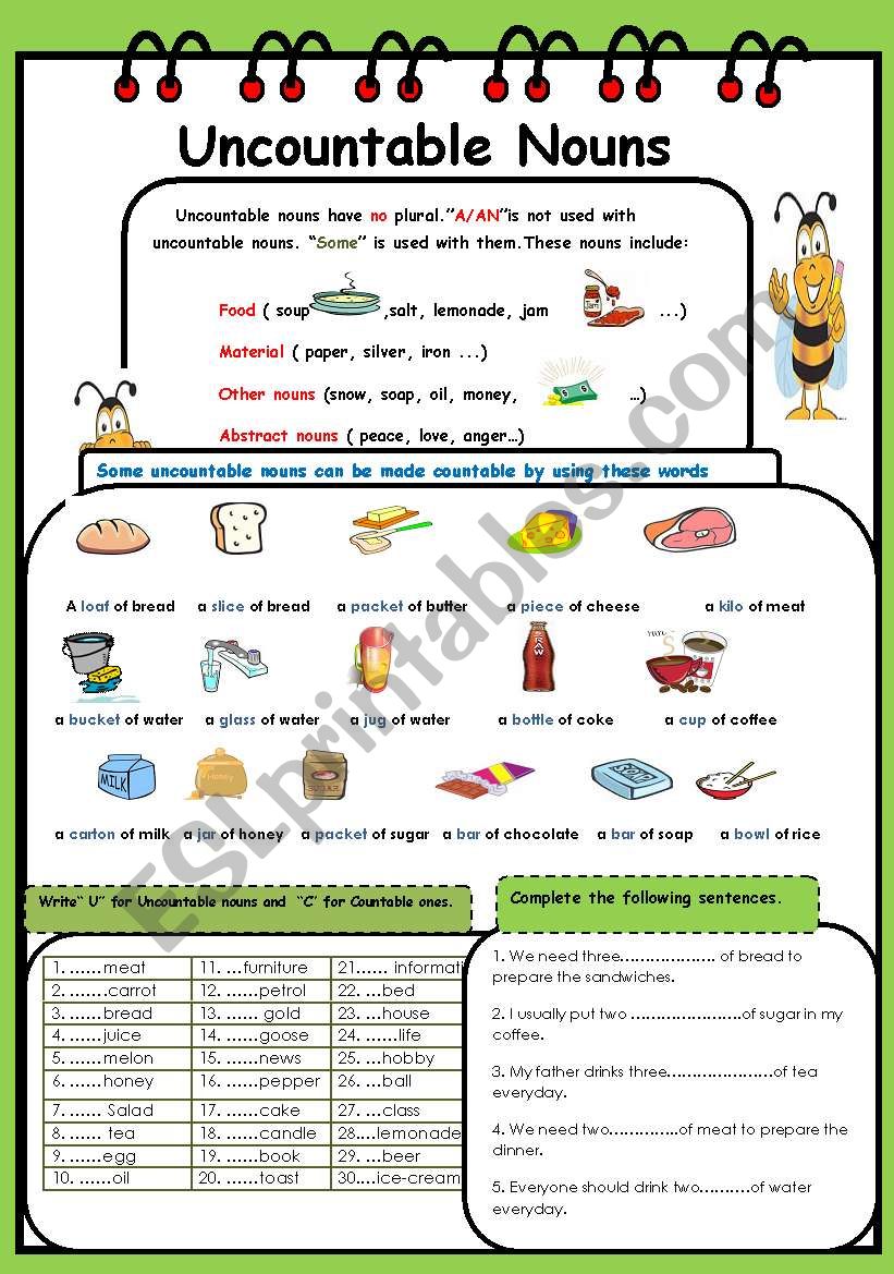 UNCOUNTABLE NOUNS worksheet