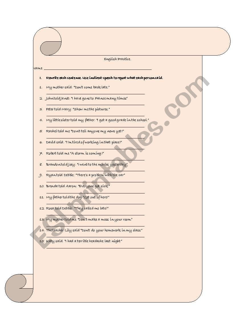 Indirect speech worksheet