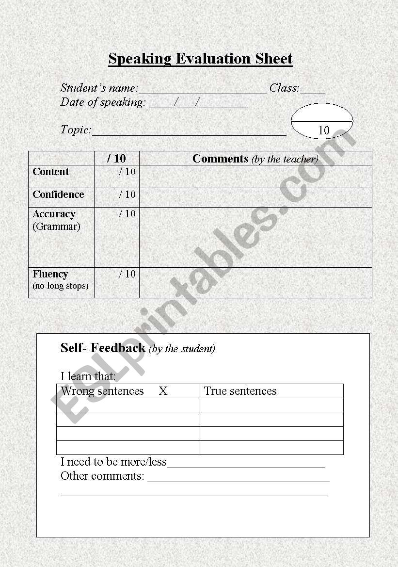 Speaking Evaluation Sheet worksheet