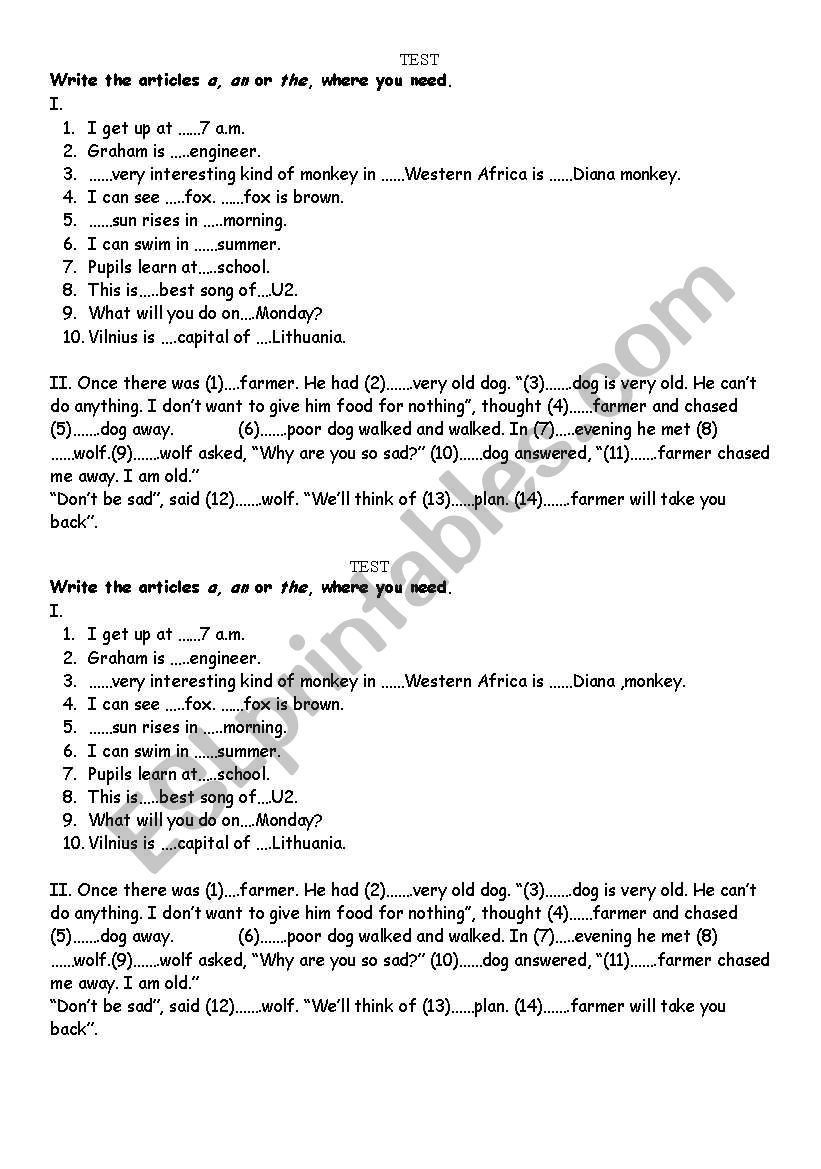 Articles worksheet