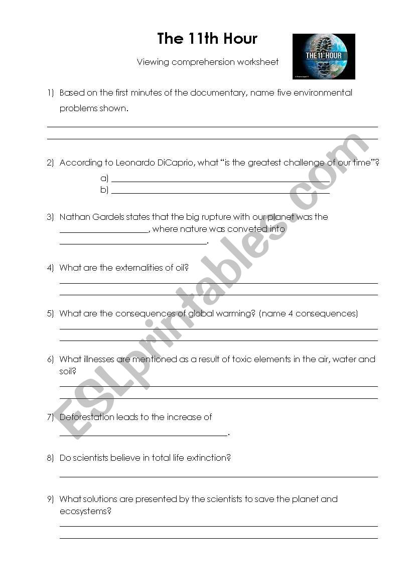 The 11th Hour Viewing Comprehension Esl Worksheet By Lu Neves