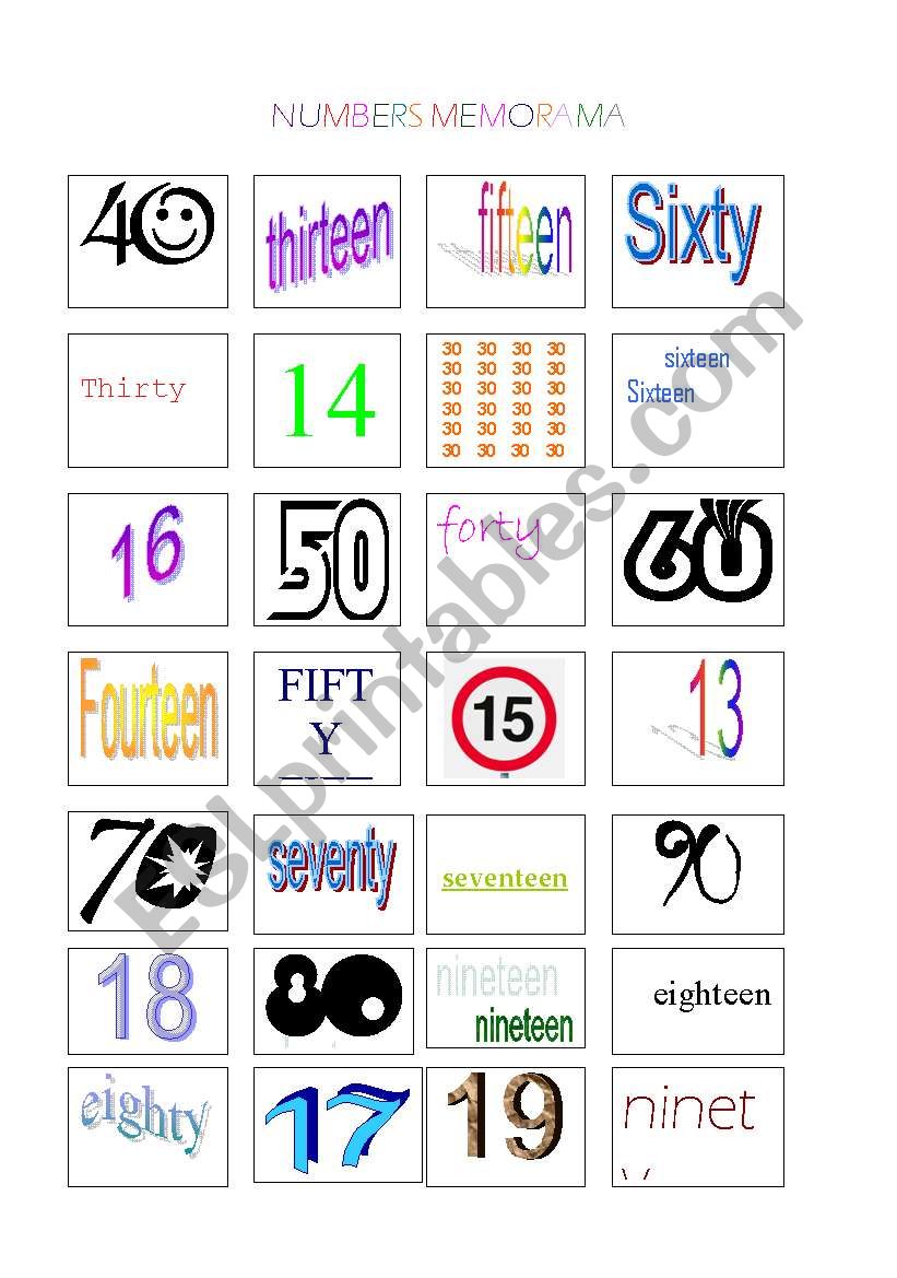 Numbers Pelmanism Game worksheet