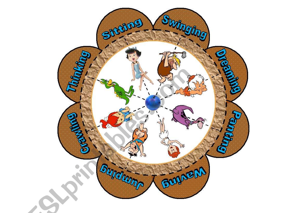 Verb Flower Puzzle with the Flintstones (16 piece puzzle with 8 verbs)