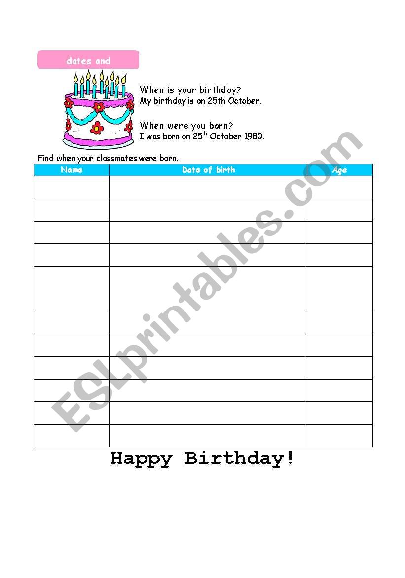 dates and birthdays worksheet