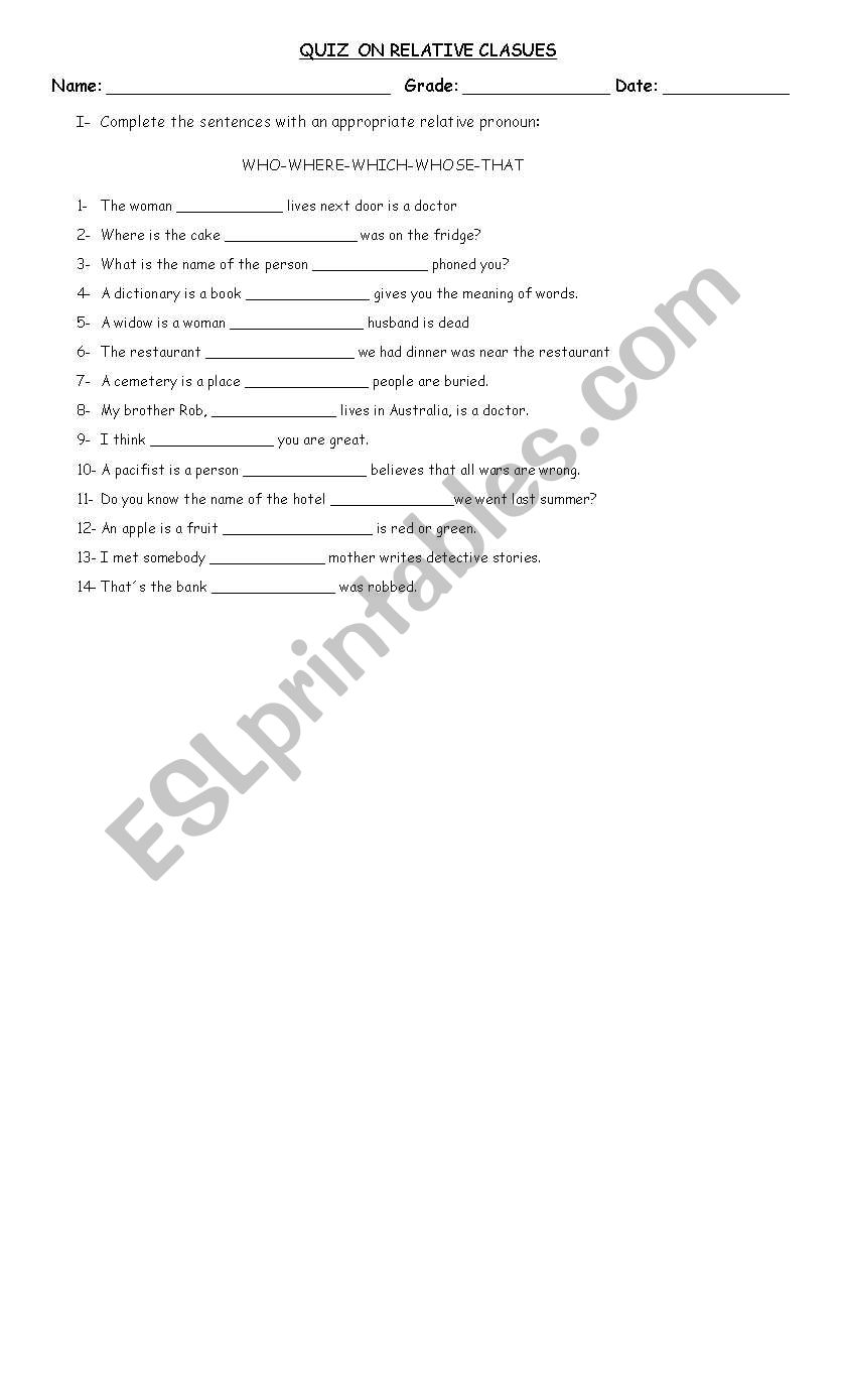 QUIZ ON RELATIVE CLAUSES worksheet