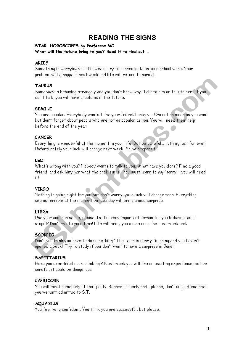 READING THE SIGNS worksheet