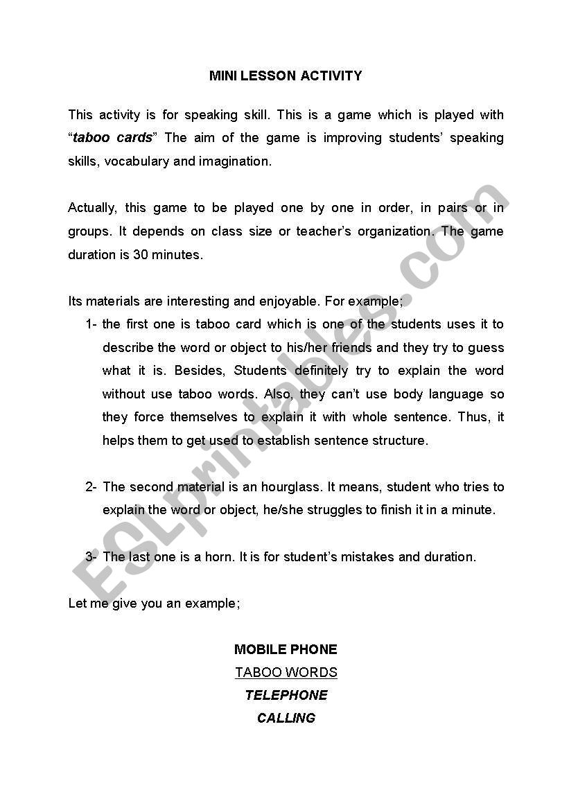 Mini Lesson (Speaking) activity