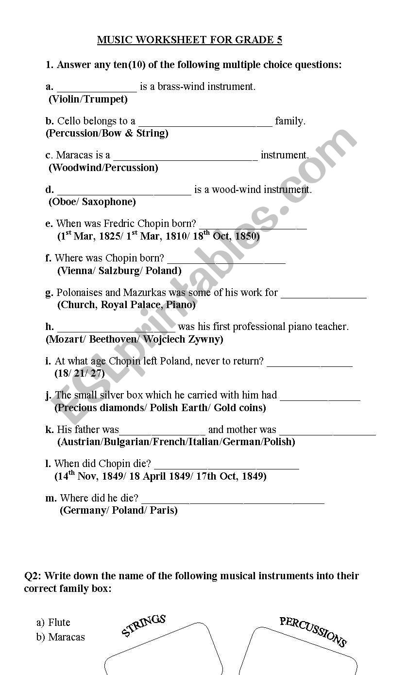 MUSIC WORKSHEET for Grade5 worksheet