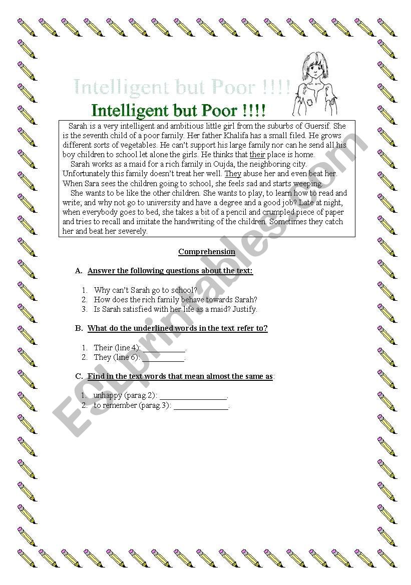 Intelligent but poor. worksheet