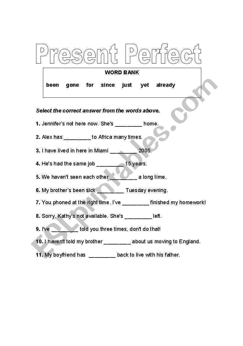 Present Perfect Worksheet worksheet