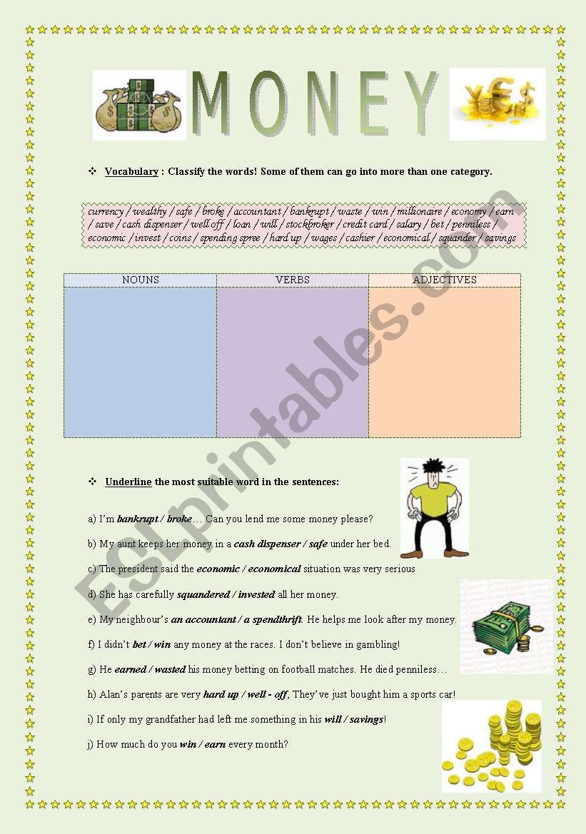 Vocabulary money worksheet