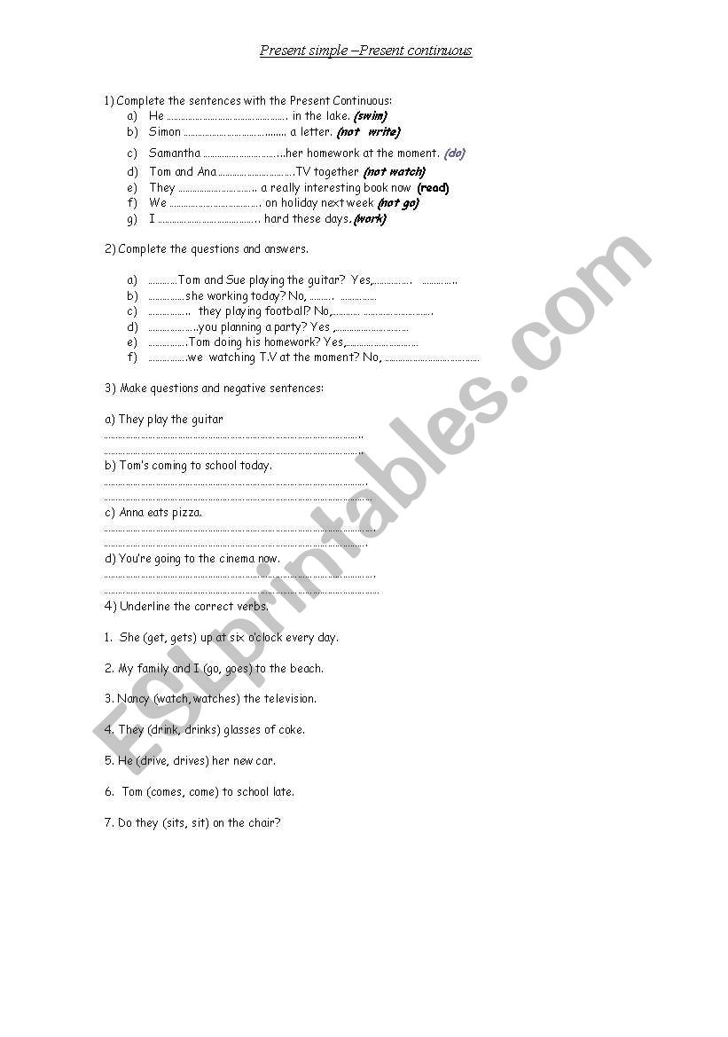 present simple - continuous worksheet