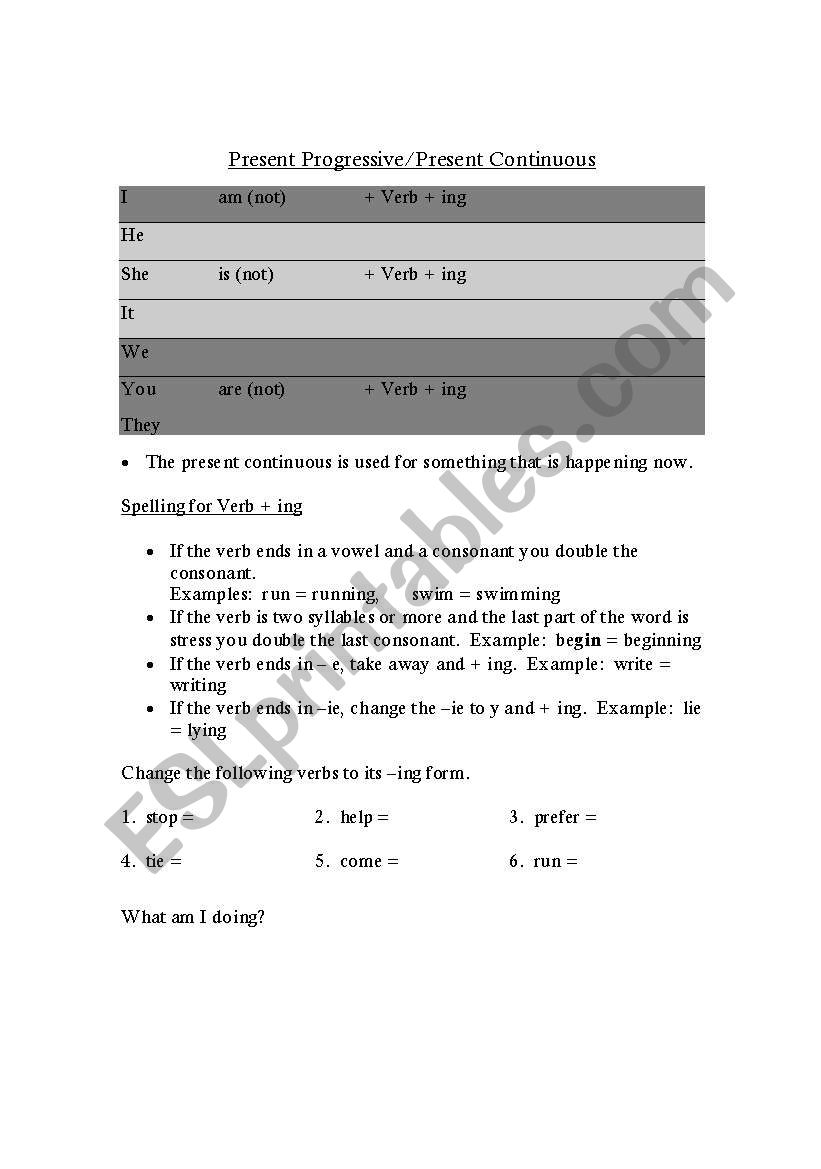 Present Continous worksheet