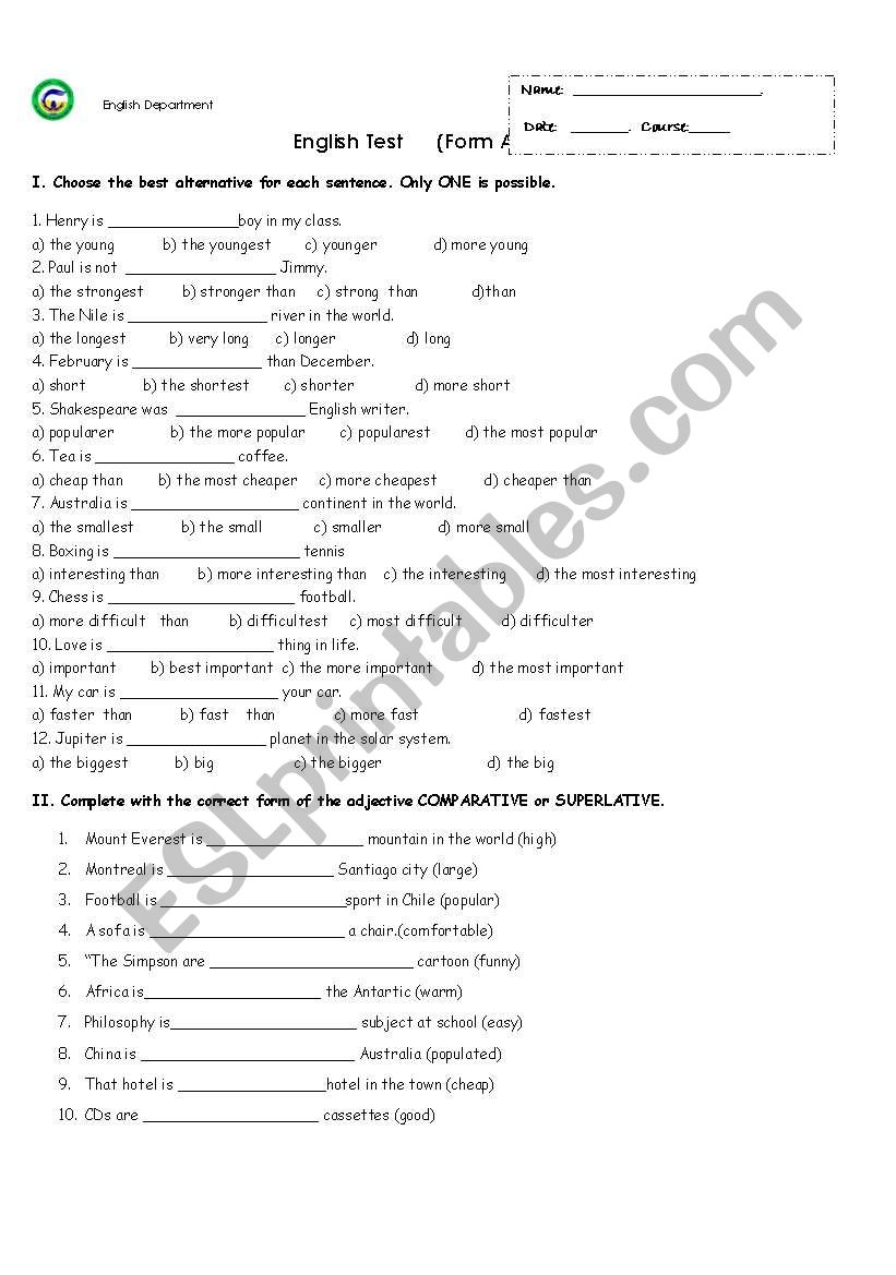 EnglishTest comparatives and superlatives