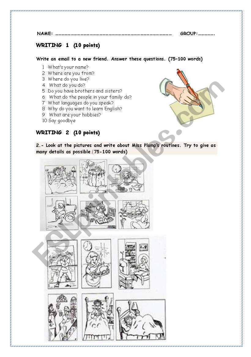 Writing test Elementary worksheet