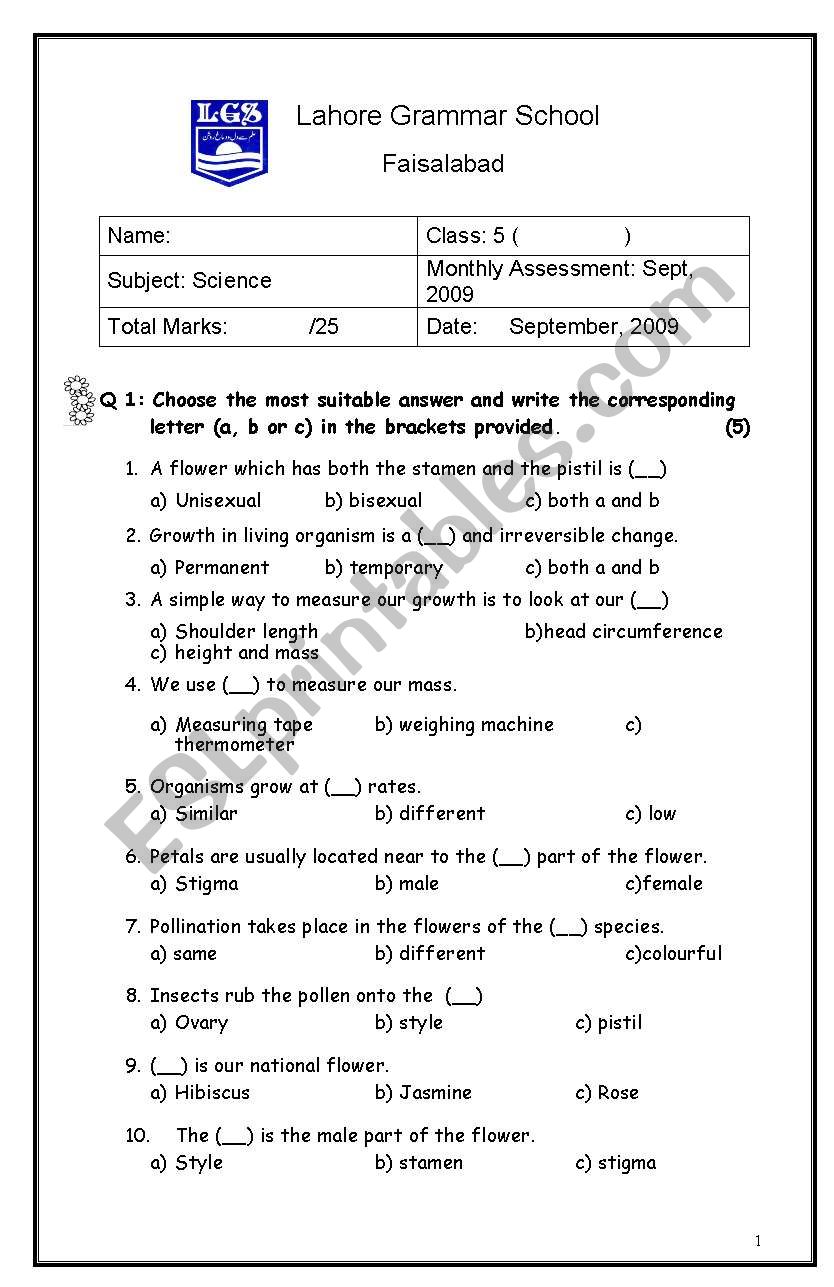 Scinece questionaire worksheet