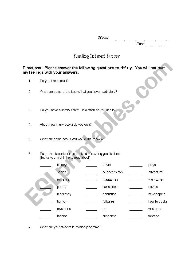 Reading Interest Survey worksheet