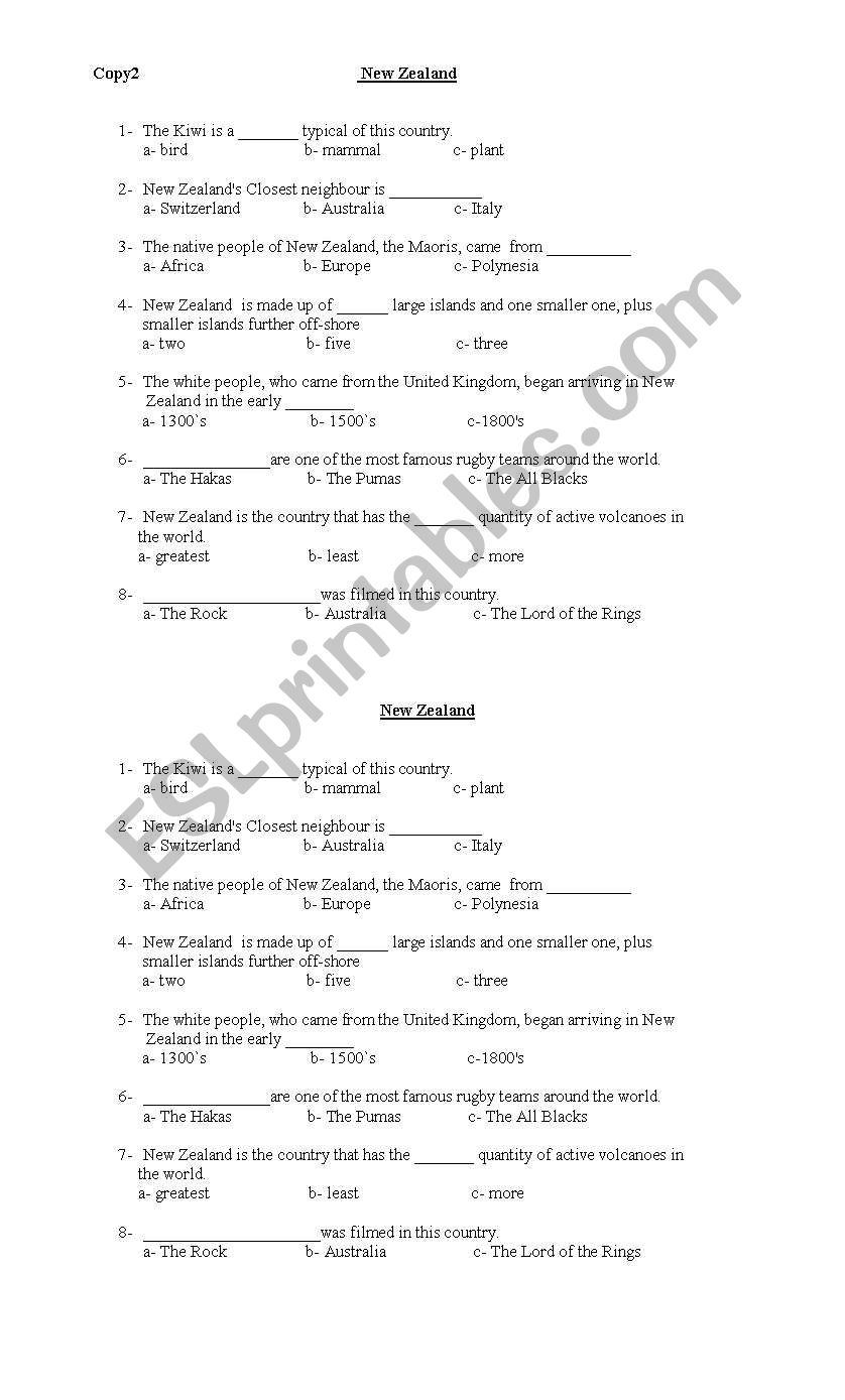 New Zealand quizz worksheet