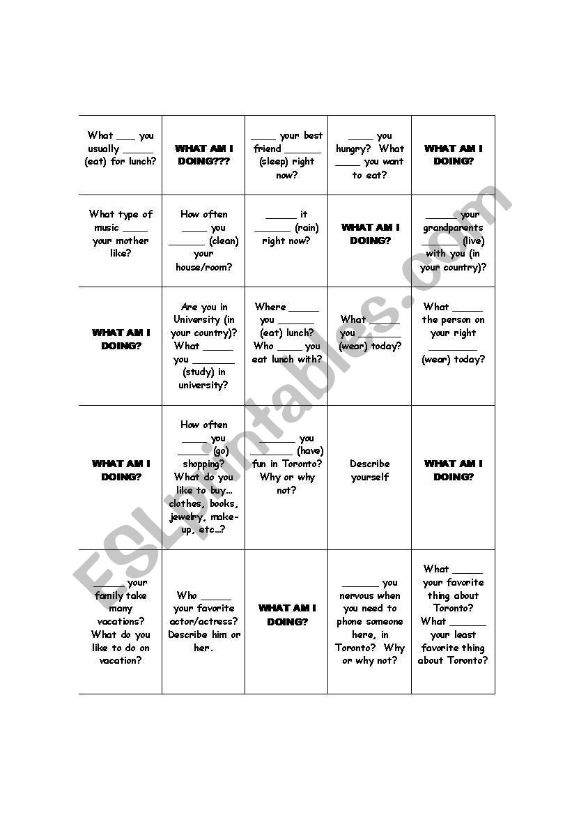 present simple vs present continuous game board