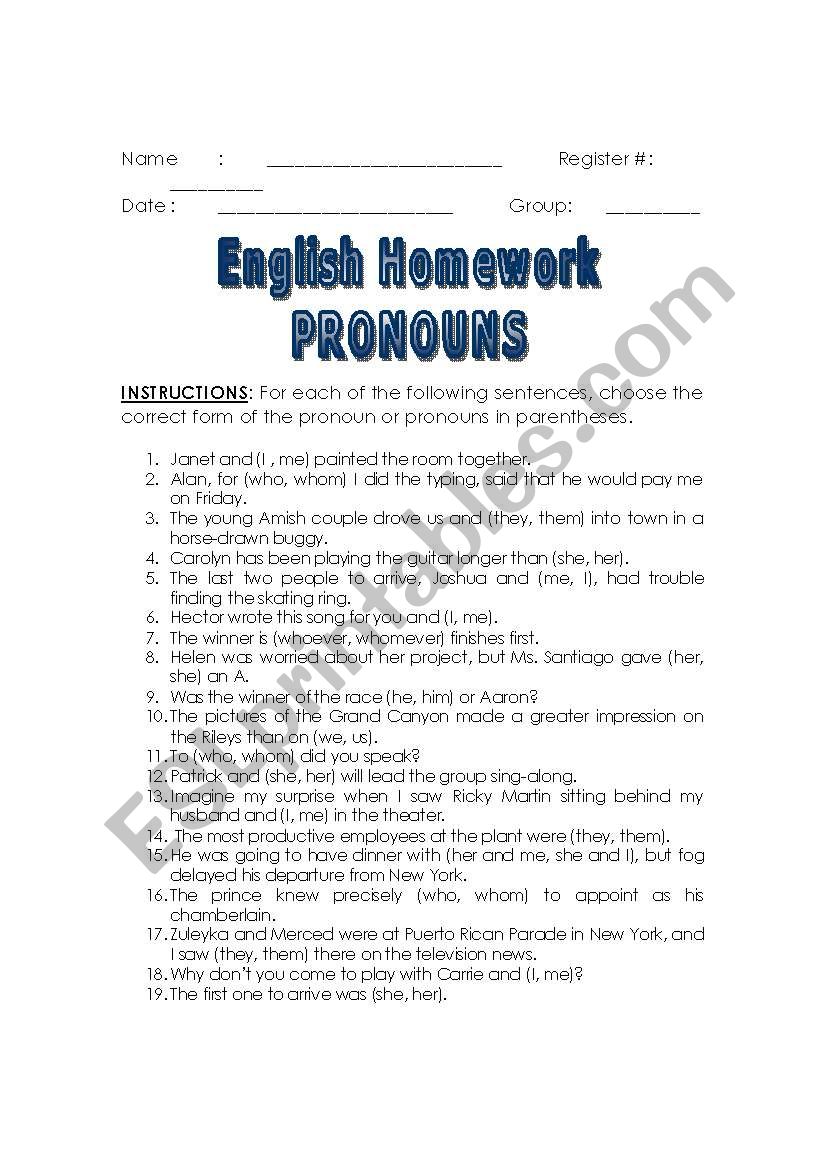 PRONOUNS HOMEWORK FOR 9TH GRADERS