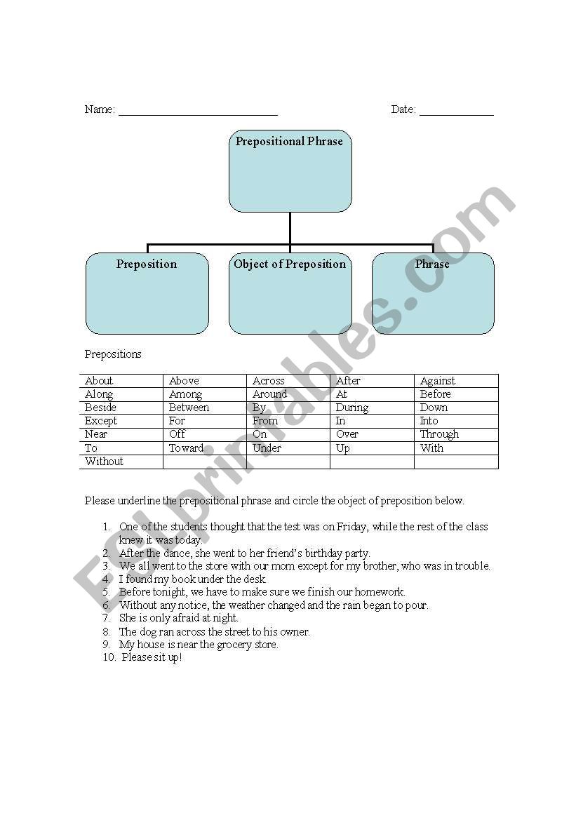 Identifying Prepositions worksheet