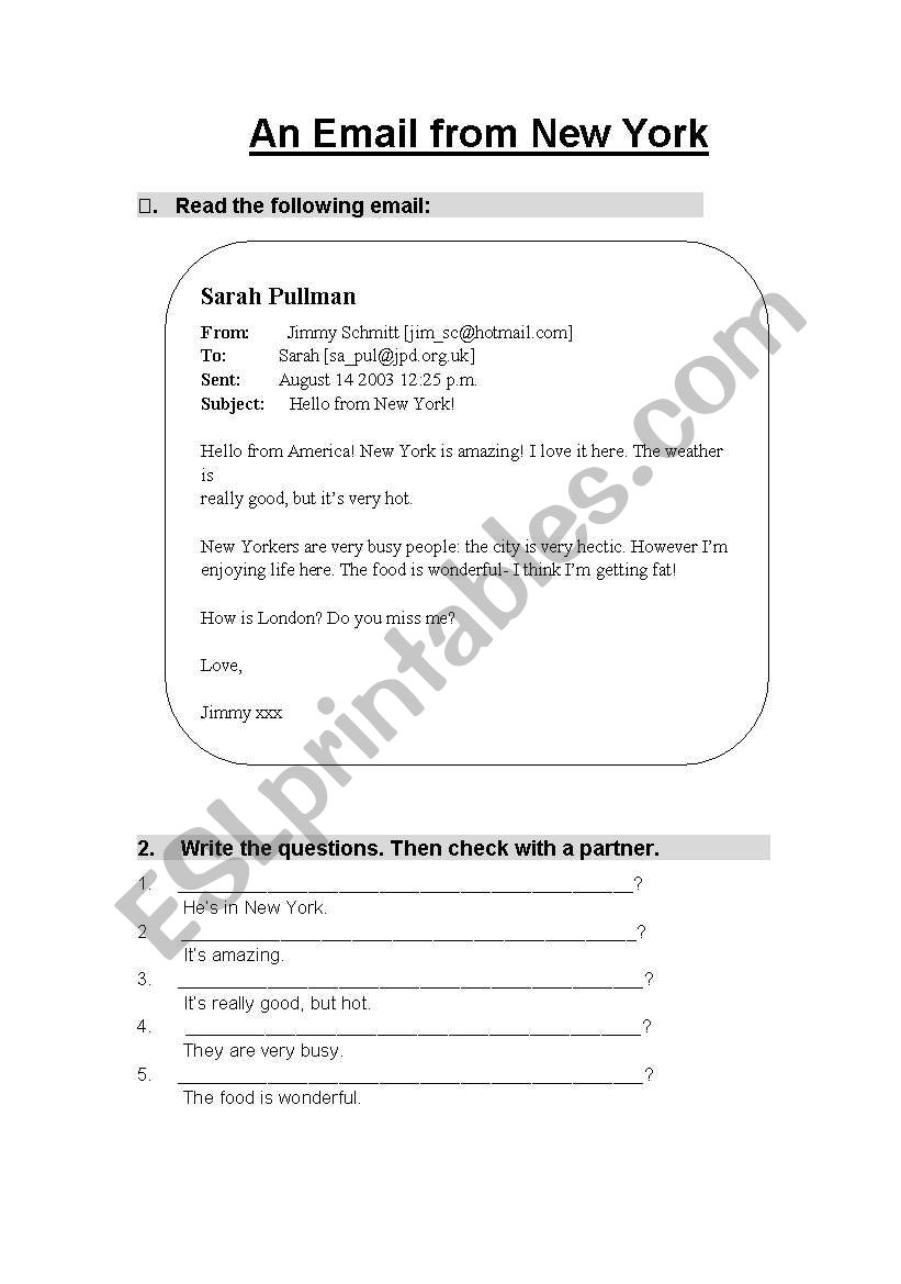 An email from New York worksheet