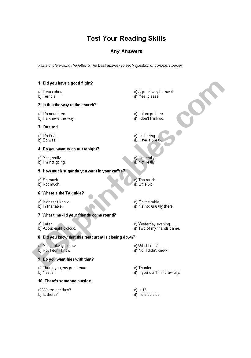 Test Your Reading Skills worksheet