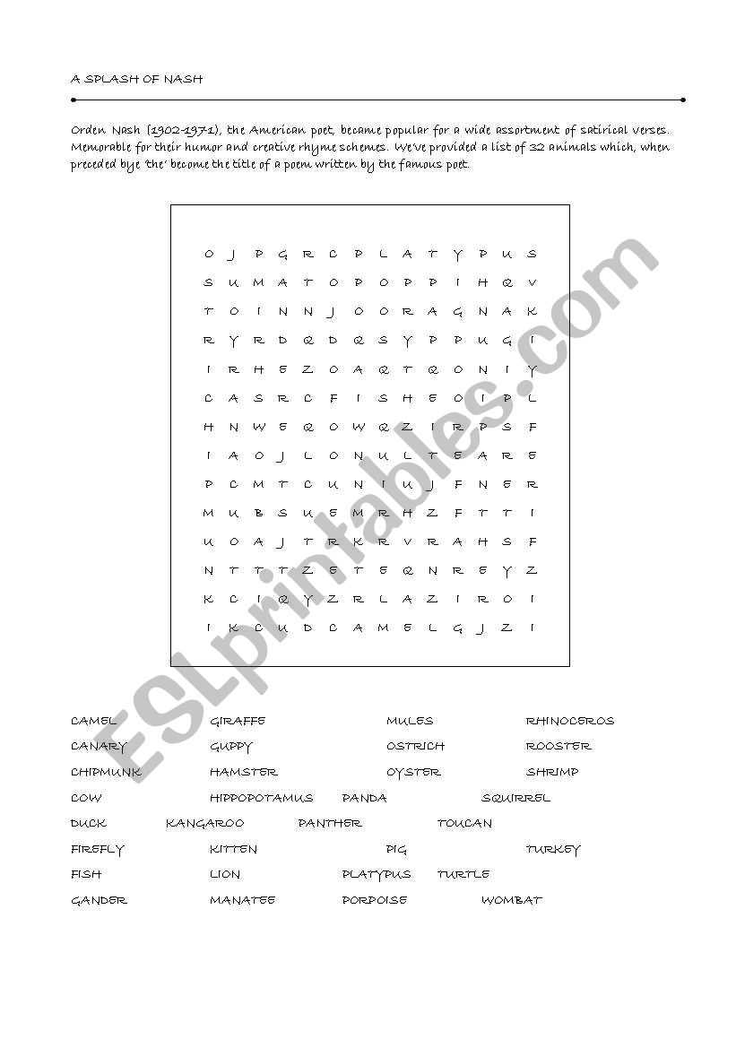 Animals crossword worksheet