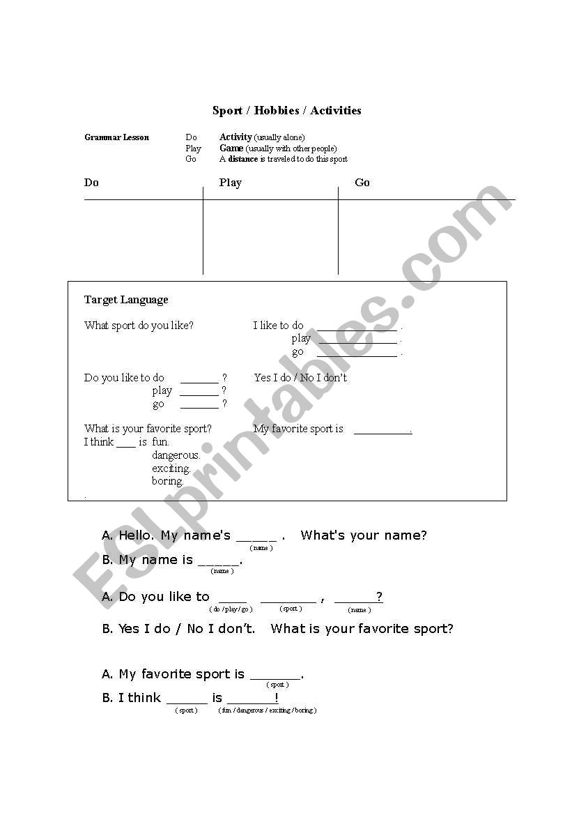 Sport Do Go Play worksheet