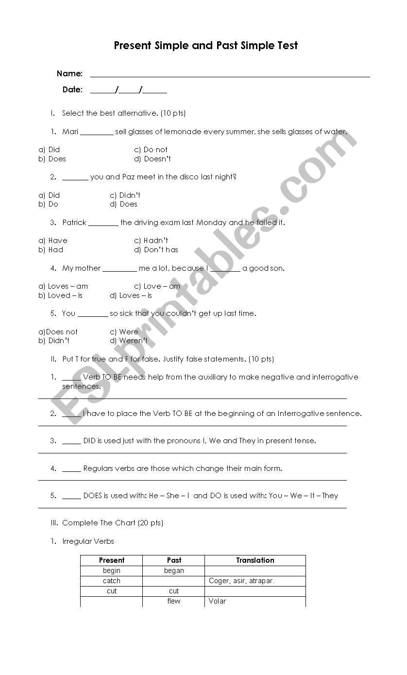 Present and Past Simple Test worksheet